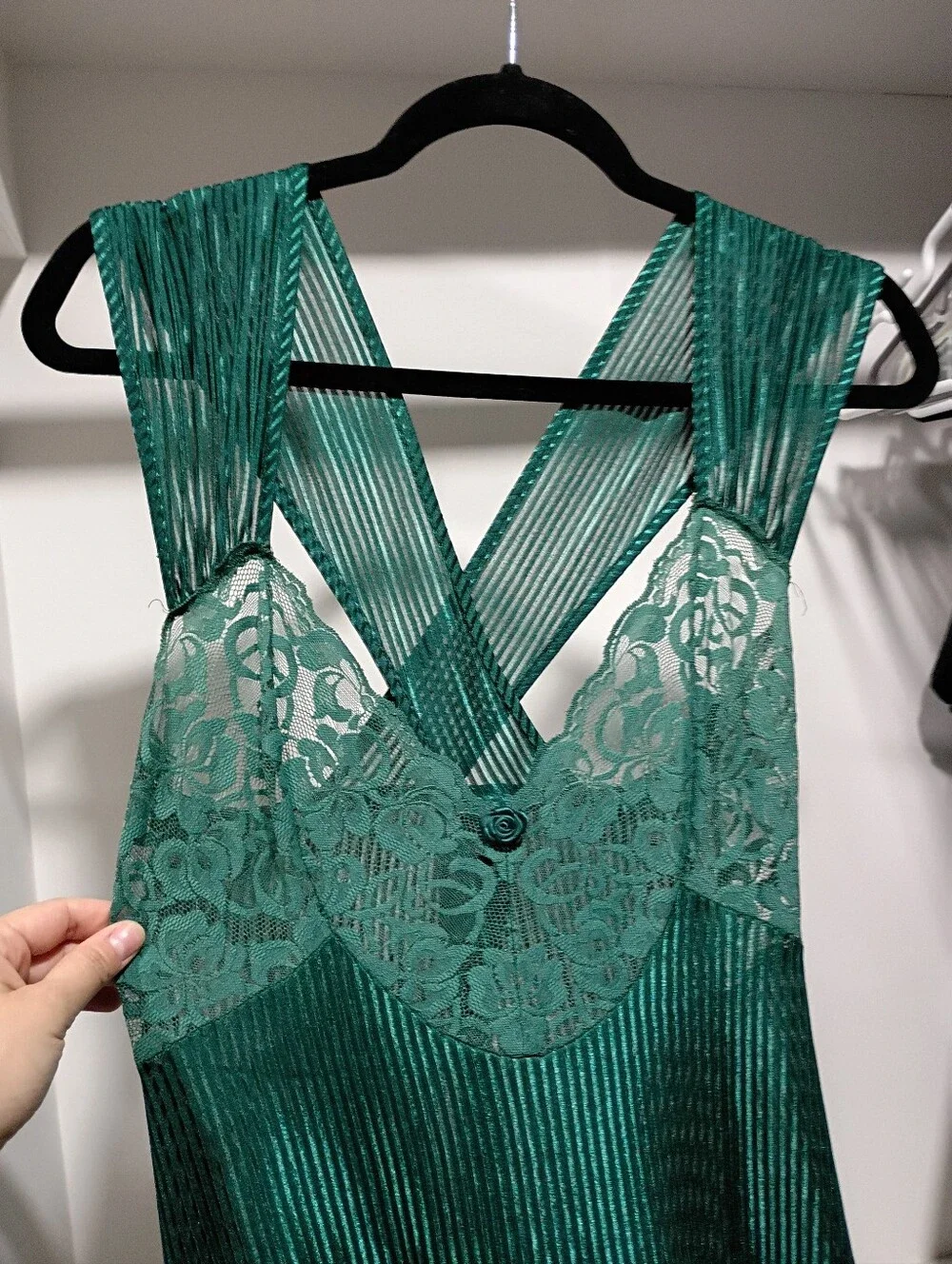 Vintage Sheer Emerald Lace Cross Back Night Gown - Picture 2 of 6